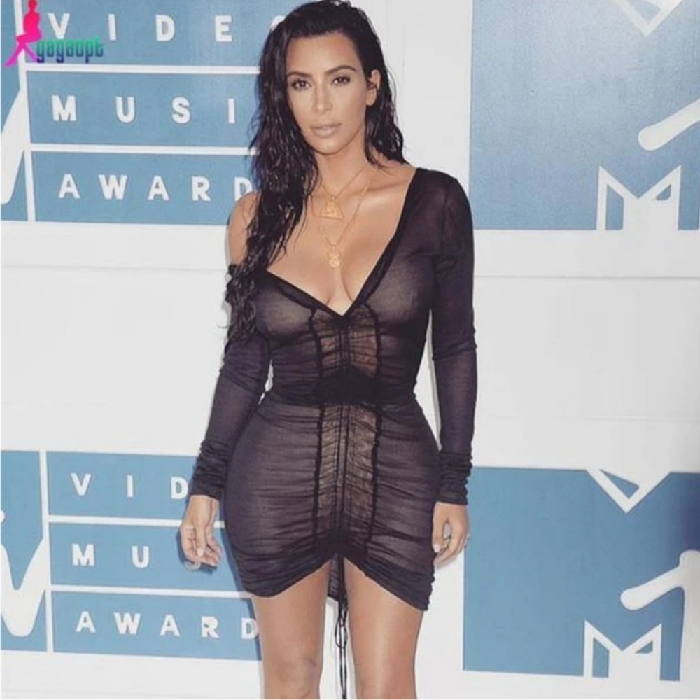 💋DEEP V PLEATED BODYCON MESH DRESS!!!